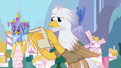 Size: 1280x720 | Tagged: safe, artist:mlp-silver-quill, derpibooru import, oc, oc only, oc:silver quill, hippogriff, after the fact, after the fact:the cutie map, paper, ponyville, quill, solo, twilight's castle, water, waterfall, windmill