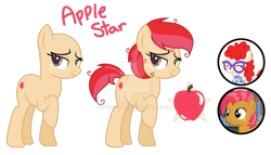 Size: 1181x677 | Tagged: safe, artist:denovoanew, artist:elementbases, derpibooru import, babs seed, twist, oc, oc:apple star, earth pony, base, base used, circle, cutie mark, deviantart watermark, earth pony oc, female, filly, foal, heterochromia, magical lesbian spawn, mare, messy mane, obtrusive watermark, offspring, parent:babs seed, parent:twist, parents:babstwist, reference sheet, screencap reference, simple background, transparent background, watermark