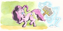 Size: 2283x1121 | Tagged: safe, artist:lost marbles, artist:oxfordinaryart, derpibooru import, pinkie pie, earth pony, pony, hammer, lightning, mjölnir, solo, traditional art, war hammer, weapon