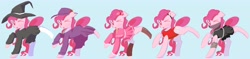 Size: 5634x1339 | Tagged: safe, artist:solid shrimp, derpibooru import, pinkie pie, earth pony, pony, succubus, boots, clothes, cute, detective, diapinkes, female, hat, ninja, outfit, shoes, simple background, socks, solo, witch, witch hat