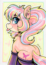 Size: 1467x2072 | Tagged: safe, artist:dandy, derpibooru import, oc, oc only, oc:bijou butterfly, earth pony, pony, chest fluff, clothes, copic, ear fluff, ears, earth pony oc, eye clipping through hair, eyebrows, eyebrows visible through hair, female, jewelry, looking at you, looking back, looking back at you, mare, necklace, piercing, ponytail, sitting, solo, stockings, thigh highs, tongue, tongue out, traditional art