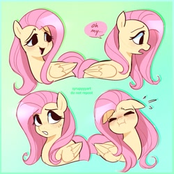 Size: 2433x2433 | Tagged: safe, artist:syrupyyy, derpibooru import, fluttershy, pegasus, pony, :i, blushing, cute, dialogue, ears, emanata, expressions, eyes closed, female, floppy ears, gradient background, high res, mare, no iris, oh my, open mouth, open smile, plewds, shyabetes, smiling, solo, speech bubble