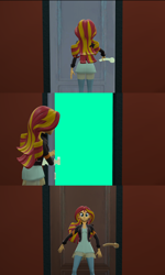 Size: 1920x3200 | Tagged: safe, artist:kamimation, derpibooru import, sunset shimmer, human, equestria girls, 3d, clothes, comic, digital art, door, dress, female, jacket, leather, leather jacket, meme, meme template, minimalist, solo, source filmmaker, worried