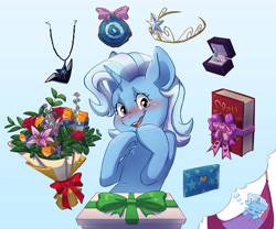 Size: 4485x3733 | Tagged: safe, artist:chub-wub, derpibooru import, trixie, pony, unicorn, bed, blanket, blue background, blushing, book, bouquet, bow, crackers, crown, cute, diatrixes, dream, female, flower, food, hammock, jewelry, letter, mare, necklace, open mouth, peanut butter, peanut butter crackers, present, regalia, ring, simple background, sleeping, solo, spellbook, tiara, wedding ring