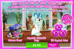 Size: 1965x1300 | Tagged: safe, derpibooru import, pony, unicorn, advertisement, background character, background pony, bamboo brush, bush, clothes, costs real money, curved horn, english, female, gameloft, hair bun, horn, mare, mobile game, my little pony: magic princess, numbers, official, perfume, sale, solo, solo focus, stand, text