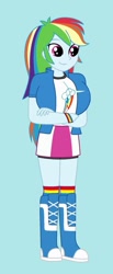 Size: 297x720 | Tagged: safe, artist:inferno55, derpibooru import, rainbow dash, human, equestria girls, big breasts, blue background, boots, breasts, clothes, cyan background, high heel boots, jacket, rainboob dash, shirt, shoes, simple background, skirt, socks, solo, vest