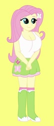 Size: 310x720 | Tagged: safe, artist:inferno55, derpibooru import, fluttershy, human, equestria girls, big breasts, boots, breasts, clothes, high heel boots, hootershy, shirt, shoes, skirt, socks, solo