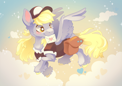 Size: 7016x4961 | Tagged: safe, artist:cutepencilcase, derpibooru import, derpy hooves, pegasus, pony, bag, cheek fluff, cloud, colored hooves, female, flying, hat, letter, mailbag, mailmare, mailmare hat, mailmare uniform, mare, mouth hold, sky, smiling, solo, unshorn fetlocks