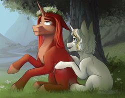 Size: 1920x1516 | Tagged: safe, artist:klarapl, derpibooru import, oc, oc only, pony, unicorn, female, floral head wreath, flower, happy, long mane, male, mare, mountain, scenery, size difference, smiling, stallion, tree