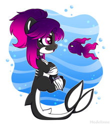 Size: 1764x1984 | Tagged: safe, artist:madelinne, derpibooru import, oc, oc only, fish, orca, orca pony, original species, whale, bubble, chibi, pink eyes, simple background, solo, swimming, underwater, unshorn fetlocks, water, white background