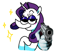 Size: 372x335 | Tagged: safe, artist:punkittdev, derpibooru import, rarity, pony, unicorn, blushing, female, gun, handgun, hoof on chest, looking at you, mare, pistol, simple background, smiling, smiling at you, solo, sparkles, suddenly hands, weapon, white background