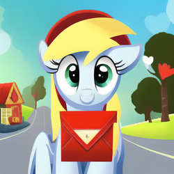 Size: 2048x2048 | Tagged: safe, derpibooru import, generator:purplesmart.ai, generator:stable diffusion, machine learning generated, pegasus, pony, female, gray coat, green eyes, house, letter, looking at you, mare, tree, yellow mane