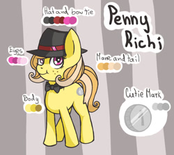 Size: 912x812 | Tagged: safe, artist:toxiccolour, derpibooru import, oc, oc only, earth pony, pony, bowtie, female, freckles, hat, mare, reference sheet, smiling, solo