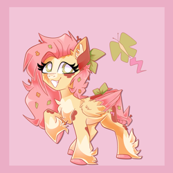 Size: 2048x2048 | Tagged: safe, artist:plushtrapez, derpibooru import, fluttershy, pegasus, pony, alternate cutie mark, bow, chest fluff, coat markings, colored ears, colored hooves, colored wings, hair bow, leaves, leaves in hair, raised hoof, raised leg, redesign, smiling, solo, tail, tail bow, two toned wings, unshorn fetlocks, white pupils, wings