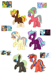 Size: 1024x1456 | Tagged: safe, artist:lanternik, derpibooru import, cheese sandwich, dumbbell, fleetfoot, hoops, rainbow dash, saffron masala, sunburst, sunset shimmer, tempest shadow, tree hugger, trixie, oc, pegasus, pony, unicorn, coat markings, deviantart watermark, female, horn, magical gay spawn, magical lesbian spawn, male, mare, multicolored hair, obtrusive watermark, offspring, parent:cheese sandwich, parent:dumbbell, parent:fleetfoot, parent:hoops, parent:lotus blossom, parent:rainbow dash, parent:saffron masala, parent:sunburst, parent:sunset shimmer, parent:tempest shadow, parent:tree hugger, parent:trixie, pegasus oc, rainbow hair, screencap reference, simple background, socks (coat marking), stallion, unicorn oc, watermark, white background