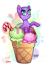 Size: 1280x1766 | Tagged: safe, artist:loverashley, derpibooru import, oc, oc only, alicorn, pony, alicorn oc, candy, candy cane, commission, ear fluff, ears, food, horn, ice cream cone, micro, simple background, smiling, solo, transparent background, wings, your character here