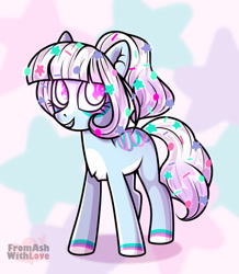 Size: 1280x1469 | Tagged: safe, artist:loverashley, derpibooru import, oc, oc only, earth pony, pony, abstract background, earth pony oc, ethereal mane, eyelashes, female, grin, mare, smiling, solo, starry mane