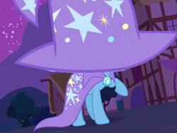 Size: 2048x1536 | Tagged: safe, derpibooru import, edit, edited screencap, screencap, trixie, pony, unicorn, magic duel, season 3, building, cape, clothes, female, gem, hat, hidden face, mare, night, ponyville, raised hoof, raised leg, random, silly, solo, stars, tree, trixie's cape, trixie's hat, weird