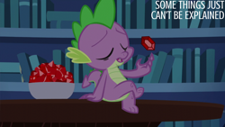 Size: 4400x2475 | Tagged: safe, derpibooru import, edit, edited screencap, editor:quoterific, screencap, spike, dragon, what about discord?, book, bookshelf, bowl, eyes closed, gem, gemstones, male, open mouth, solo, twilight's castle