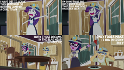 Size: 2000x1125 | Tagged: safe, derpibooru import, edit, edited screencap, editor:quoterific, screencap, flash sentry, rarity, sci-twi, twilight sparkle, human, better together, equestria girls, opening night, :/, acting, clothes, costume, dramatic, faic, fake beard, female, frown, gritted teeth, hand on hip, helmet, male, mining helmet, open mouth, open smile, pot, rarity being rarity, selfie soot, smiling, teeth