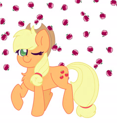 Size: 2251x2370 | Tagged: safe, artist:cinematic-fawn, derpibooru import, applejack, pony, apple, food, one eye closed, simple background, solo, white background, wink