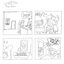 Size: 1200x1200 | Tagged: artist needed, source needed, safe, derpibooru import, twilight sparkle, pony, unicorn, 4 panel comic, comic, computer, emanata, evil counterpart, mirror, monochrome, rough sketch, sketch, speech bubble, text, vulgar