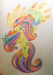 Size: 849x1198 | Tagged: safe, artist:kluzart, derpibooru import, fluttershy, bird, blue jay, hummingbird, pony, palindrome get, rainbow power, solo, traditional art