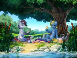 Size: 2000x1500 | Tagged: safe, artist:inowiseei, derpibooru import, oc, oc only, bird, frog, pony, squirrel, unicorn, apple, banana, basket, bird nest, bread, chest fluff, cucumber, duo, food, jam, knife, magic, nest, pear, picnic basket, picnic blanket, telekinesis, thermos, tomato, tree, water