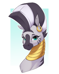 Size: 1630x2039 | Tagged: safe, artist:aquaticvibes, derpibooru import, zecora, zebra, bust, ear piercing, earring, eyelashes, female, gradient background, jewelry, looking at you, mare, mohawk, neck rings, passepartout, piercing, simple background, smiling, smiling at you, solo