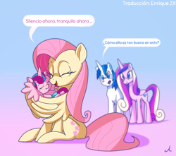 Size: 5100x4507 | Tagged: safe, artist:docwario, derpibooru import, edit, editor:enrique zx, fluttershy, princess cadance, princess flurry heart, shining armor, alicorn, pegasus, pony, unicorn, absurd resolution, baby, baby alicorn, baby flurry heart, baby pony, cute, eyes closed, female, flurrybetes, fluttermom, fluttober, gradient background, hug, hush now quiet now, male, mare, shyabetes, sleeping, spanish, spanish description, spanish text, stallion, translation, translator:enrique zx, wing hands, wing hold, winghug, wings