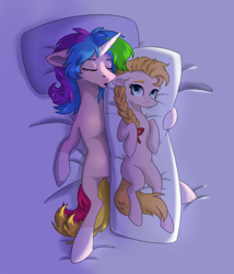 Size: 1608x1875 | Tagged: safe, artist:lambydwight, derpibooru import, oc, oc only, oc:rainy shine, earth pony, pony, unicorn, bed, body pillow, braid, eyes closed, hug, pillow, sleeping