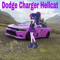 Size: 1080x1080 | Tagged: safe, alternate version, derpibooru import, sci-twi, twilight sparkle, equestria girls, car, clothes swap, dodge charger, forza horizon 4, game screencap, solo, video game