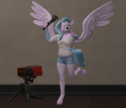 Size: 1260x1080 | Tagged: safe, artist:ponygamer2020, derpibooru import, silverstream, anthro, digitigrade anthro, hippogriff, 3d, bunny ears, bunny ears (gesture), clothes, criatures fortress 2, engineer, female, hooves, looking at you, nexgen, pants, pose, sentry gun, shirt, smiling, smiling at you, solo, source filmmaker, spread wings, t-shirt, tail, team fortress 2, weapon, wings, wrench