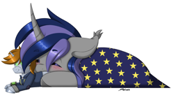 Size: 2048x1113 | Tagged: safe, artist:melodytheartpony, derpibooru import, oc, oc only, oc:dreaming star, oc:littlepip, bat pony, pony, fallout equestria, batticorn, blanket, blushing, commission, cuddling, ears back, eyes closed, fallout, feral, lying down, male, plushie, signature, simple background, sleeping, sleepy, stars, white background