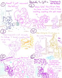 Size: 4779x6013 | Tagged: safe, artist:adorkabletwilightandfriends, derpibooru import, moondancer, pinkie pie, spike, twilight sparkle, twilight sparkle (alicorn), oc, oc:pinenut, alicorn, cat, comic:adorkable twilight and friends, adorkable, adorkable twilight, bottle, broken, cleaning, clothes, clumsy, comic, crash, cute, dork, feather, friendship, funny, fur, glasses, house, humor, kindness, meow, messy, mirror, question, shocked, shocked expression, slice of life, sneezing, snot, sorry, spill, spilled drink, spit, spray, surprised, sweater, wiping