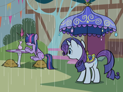 Size: 2048x1536 | Tagged: safe, derpibooru import, rarity, twilight sparkle, pony, unicorn, the ticket master, .svg available, link in description, mushroom table, my little pony color my world, official, rain, saddle, svg, tack, twilight sparkle is not amused, umbrella, unamused, vector, wet, wet mane