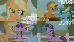 Size: 2000x1125 | Tagged: safe, derpibooru import, edit, edited screencap, editor:quoterific, screencap, applejack, rainbow dash, twilight sparkle, unicorn twilight, earth pony, pegasus, pony, unicorn, the ticket master, angry, animation error, apple, apple tree, applejack's hat, argument, arm wrestling, clothes, cowboy hat, female, fence, freckles, gritted teeth, hat, hoofwrestle, mare, open mouth, rivalry, teeth, tree, tree stump, trio, trio female, twilight sparkle is not amused, unamused