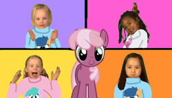 Size: 1652x946 | Tagged: safe, artist:hasbropreschool1983, edit, aura (character), cheerilee, first base, ruby pinch, earth pony, human, pony, g4, charlotte borgquist, eleanor metoyer, female, funny faces, implied aura (g4), implied first base, implied ruby pinch, mare, matilda mei lin, orange background, pink background, purple background, simple background, violet rossiter, yellow background