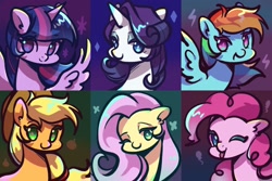 Size: 2048x1365 | Tagged: safe, artist:tkotu1, derpibooru import, applejack, fluttershy, pinkie pie, rainbow dash, rarity, twilight sparkle, twilight sparkle (alicorn), alicorn, earth pony, pegasus, pony, unicorn, bust, female, looking at you, mane six, mare, no pupils, smiling, smiling at you, wingding eyes