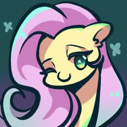 Size: 1080x1080 | Tagged: safe, artist:tkotu1, derpibooru import, fluttershy, pegasus, pony, bust, female, gradient background, looking at you, mare, no pupils, one eye closed, smiling, smiling at you, solo, wingding eyes
