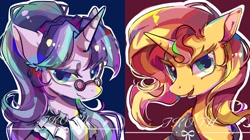 Size: 2048x1150 | Tagged: safe, artist:tkotu1, derpibooru import, snowfall frost, starlight glimmer, sunset shimmer, pony, unicorn, bust, duo, female, glasses, lidded eyes, looking at you, mare, signature, smiling, smiling at you