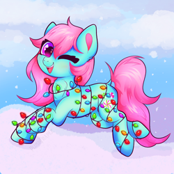 Size: 2048x2048 | Tagged: safe, artist:plushtrapez, derpibooru import, minty, pony, g3, christmas, christmas lights, eye clipping through hair, holiday, one eye closed, open mouth, open smile, smiling, solo, wink