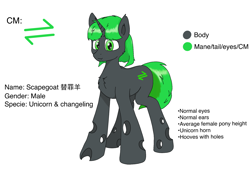 Size: 2048x1536 | Tagged: artist needed, safe, derpibooru import, oc, oc only, oc:scapegoat, changeling, original species, pony, unicorn, male, reference sheet, simple background, solo, white background