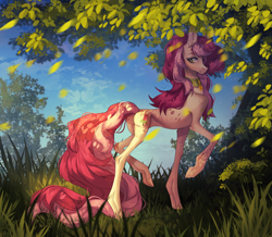 Size: 4422x3862 | Tagged: safe, artist:meggychocolatka, derpibooru import, roseluck, pony, butt, collar, colored, commission, commissioner:doom9454, concave belly, cute, grass, leaves, long tail, pet tag, plot, pony pet, rosepet, scenery, shading, solo, tail, thin, tree