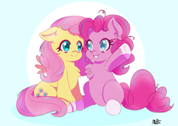 Size: 4093x2894 | Tagged: safe, artist:multi02, derpibooru import, fluttershy, pinkie pie, earth pony, pegasus, pony, blue background, chest fluff, colored pupils, cute, diapinkes, duo, duo female, female, high res, looking at each other, looking at someone, mare, shyabetes, simple background, sitting, smiling, smiling at each other