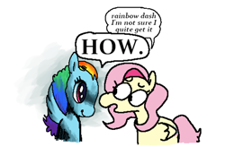 Size: 2001x1311 | Tagged: safe, artist:punkittdev, derpibooru import, fluttershy, rainbow dash, pegasus, pony, dialogue, duo, female, mare, simple background, speech bubble, white background