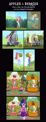 Size: 2298x6000 | Tagged: safe, artist:sapphiregamgee, derpibooru import, applejack, sci-twi, sour sweet, twilight sparkle, human, better together, equestria girls, five to nine, apple, apple tree, berry, comic, commission, exeron outfit, eyes closed, food, grin, smiling, sweet apple acres, thumbs up, tree