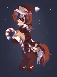 Size: 1509x2023 | Tagged: safe, artist:belkaart0w0, derpibooru import, oc, oc only, earth pony, :p, blushing, bow, candy, candy cane, clothes, female, food, hat, heart, mare, scarf, socks, solo, striped scarf, tail, tail bow, tongue, tongue out