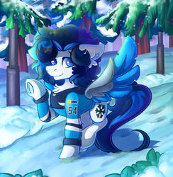 Size: 2219x2274 | Tagged: safe, artist:yuris, derpibooru import, oc, oc only, pegasus, pony, bush, clothes, colored pupils, ears back, fluffy mane, forest, frog (hoof), hockey, jacket, looking at you, male, park, pine tree, pole, smiling, snow, solo, sports, spread wings, trade, tree, underhoof, waving, waving at you, wings, winter