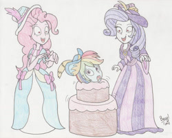 Size: 1400x1124 | Tagged: safe, artist:bageloftime, derpibooru import, applejack, rainbow dash, rarity, human, equestria girls, cake, clothes, coronation dress, dress, food, gown, insanity, long dress, long skirt, skirt, traditional art, trio